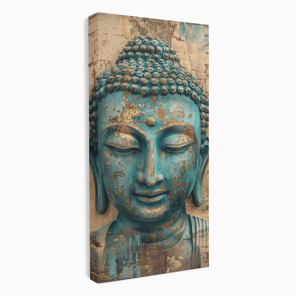Tablou canvas cu tablou canvas cu capul lui buddha turcoaz, fara rama, pe sasiu de lemn